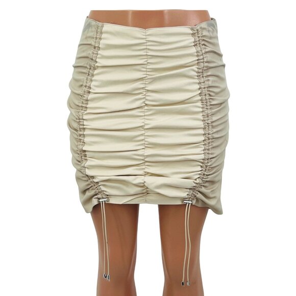 maniere de voir Beige Cream Ruched Vegan Leather Mini Skirt - Picture 2 of 16